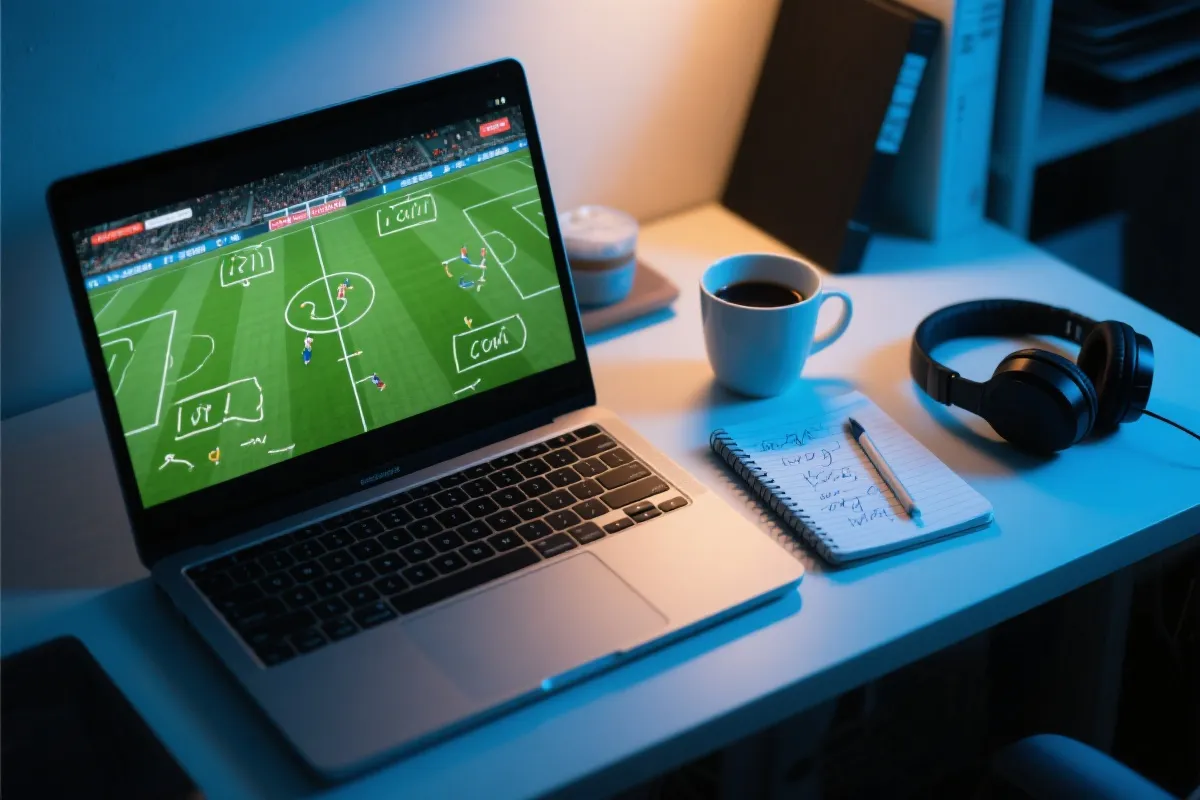 笔记本屏幕上显示战术板与比赛画面，旁边有手写观赛笔记与咖啡