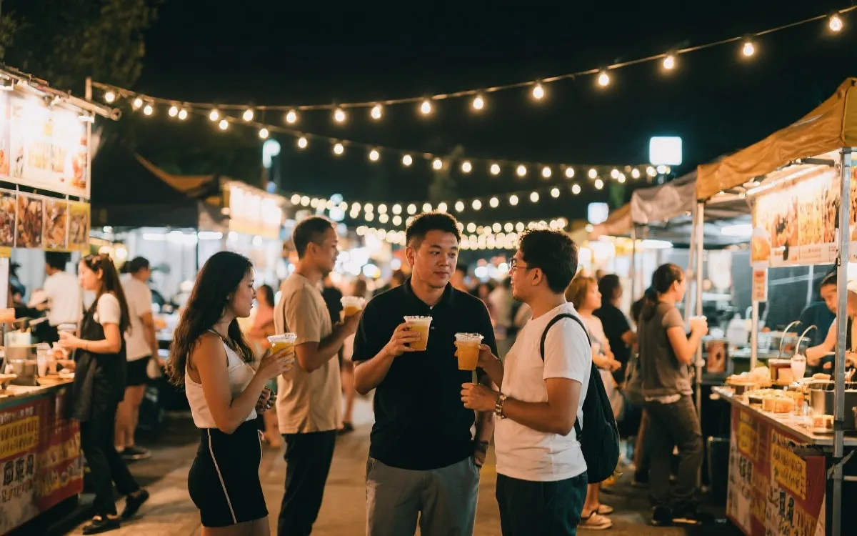 公共观赛区的餐饮摊位与灯串布置，充满本地夜市氛围